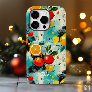 Vibrant Citrus & Berry Pattern on Aqua Background iPhone 14 Pro Case