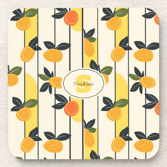 Vibrant Citrus Fruit Pattern with Green Leaves (2) Coaster (Front)