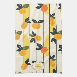 Vibrant Citrus Fruit Pattern with Green Leaves (2) Tea Towel