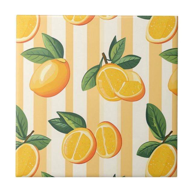 Vibrant Citrus Fruit Pattern with Green Leaves (3) Ceramic Tile (Front)