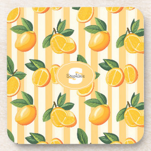 Vibrant Citrus Fruit Pattern with Green Leaves (3) Coaster