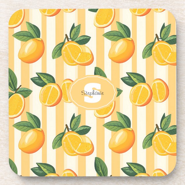 Vibrant Citrus Fruit Pattern with Green Leaves (3) Coaster (Front)