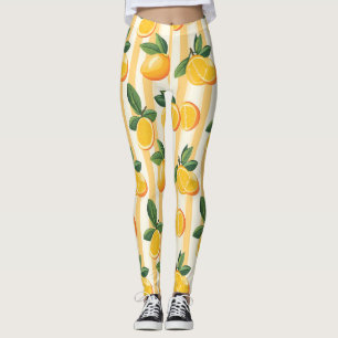 Vibrant Citrus Fruit Pattern with Green Leaves (3) Leggings