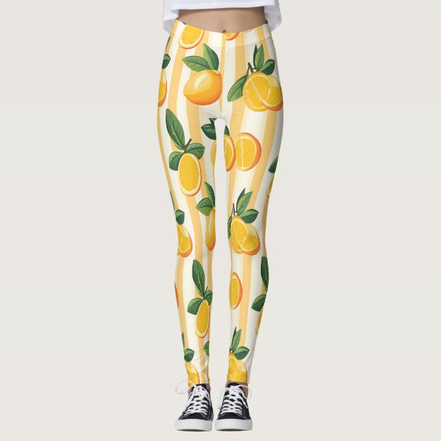Vibrant Citrus Fruit Pattern with Green Leaves (3) Leggings (Front)