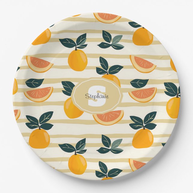 Vibrant Citrus Fruit Pattern with Green Leaves (4) Paper Plate (Front)