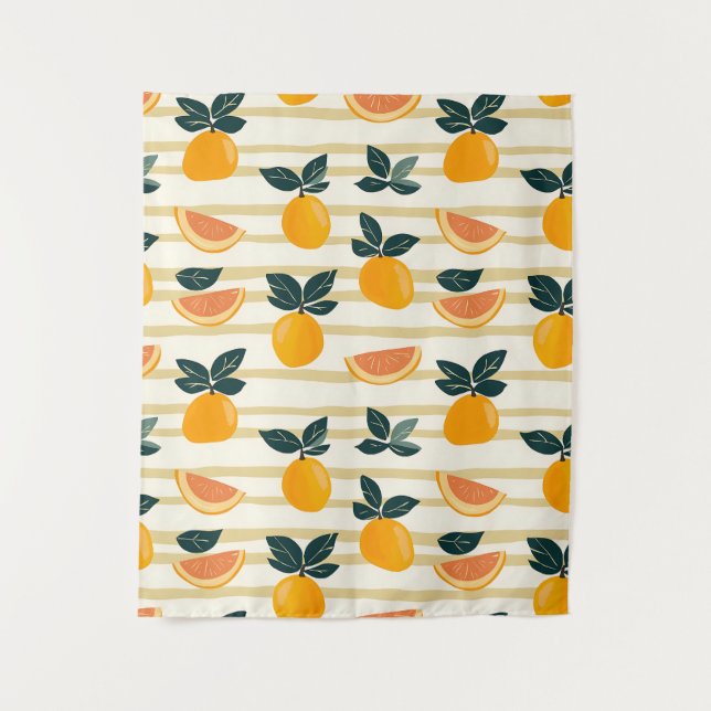 Vibrant Citrus Fruit Pattern with Green Leaves (4) Tapestry (Front)
