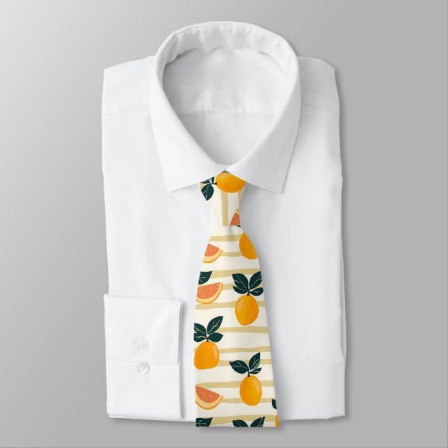 Vibrant Citrus Fruit Pattern with Green Leaves (4) Tie (Tied)