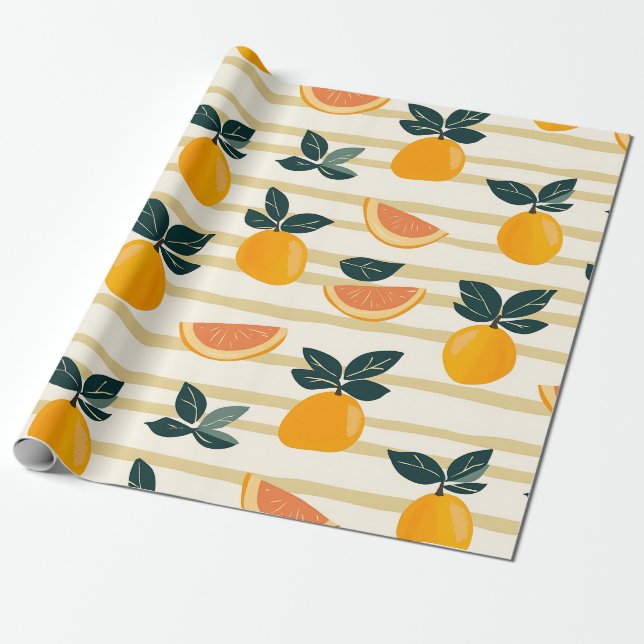 Vibrant Citrus Fruit Pattern with Green Leaves (4) Wrapping Paper (Unrolled)
