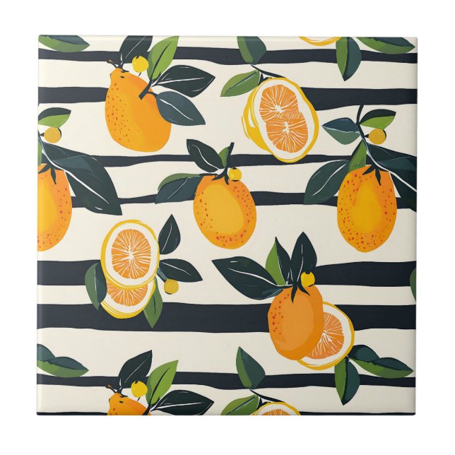 Vibrant Citrus Fruit Pattern with Green Leaves (5) Ceramic Tile (Front)