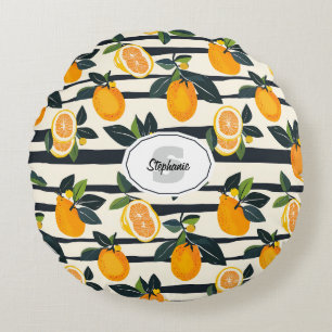 Vibrant Citrus Fruit Pattern with Green Leaves (5) Round Cushion