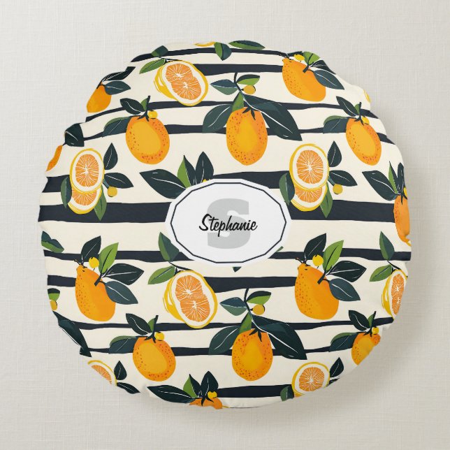 Vibrant Citrus Fruit Pattern with Green Leaves (5) Round Cushion (Front)