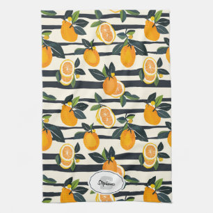 Vibrant Citrus Fruit Pattern with Green Leaves (5) Tea Towel