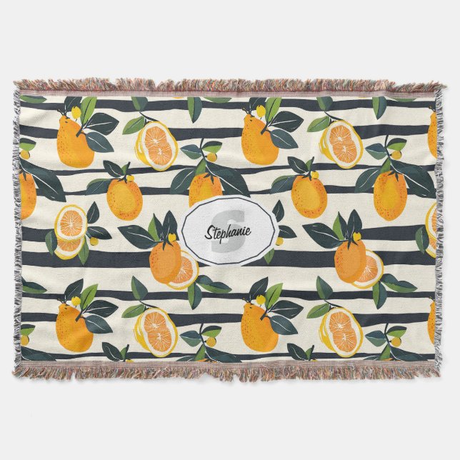 Vibrant Citrus Fruit Pattern with Green Leaves (5) Throw Blanket (Front)