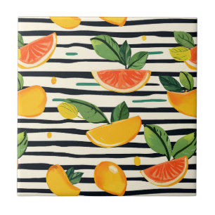 Vibrant Citrus Fruit Pattern with Green Leaves (6) Ceramic Tile