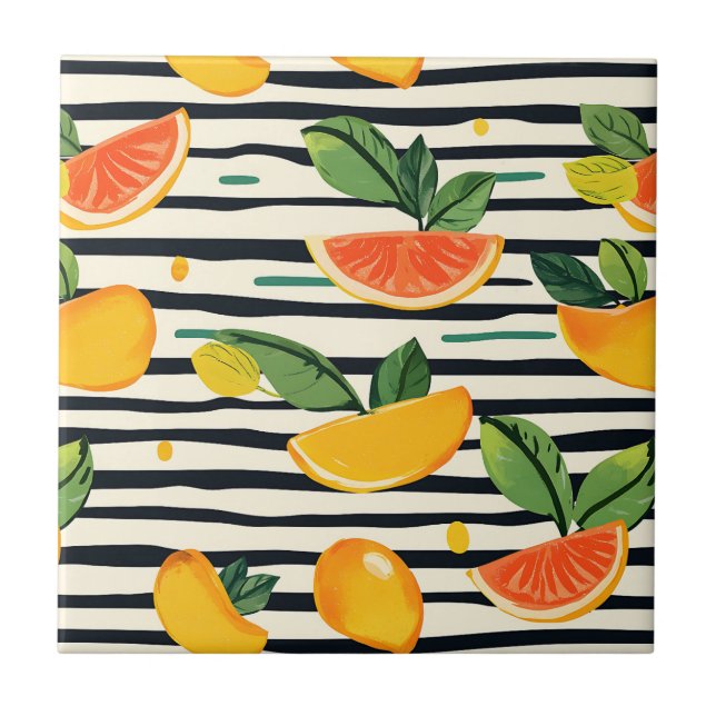 Vibrant Citrus Fruit Pattern with Green Leaves (6) Ceramic Tile (Front)