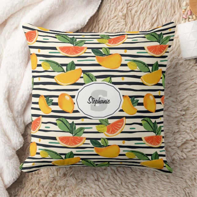 Vibrant Citrus Fruit Pattern with Green Leaves (6) Cushion (Blanket)