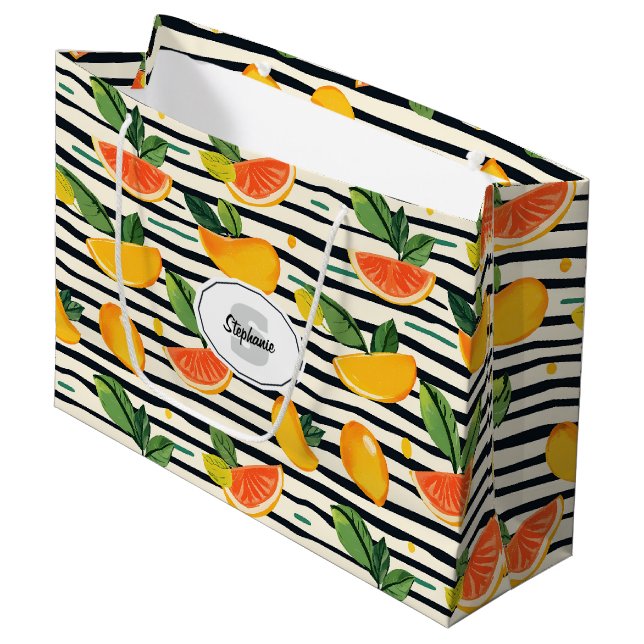 Vibrant Citrus Fruit Pattern with Green Leaves (6) Large Gift Bag (Front Angled)