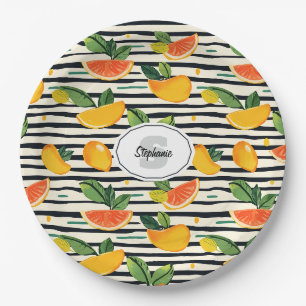 Vibrant Citrus Fruit Pattern with Green Leaves (6) Paper Plate