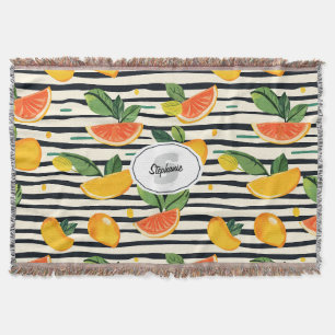Vibrant Citrus Fruit Pattern with Green Leaves (6) Throw Blanket