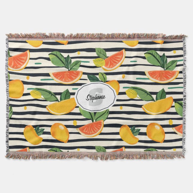 Vibrant Citrus Fruit Pattern with Green Leaves (6) Throw Blanket (Front)