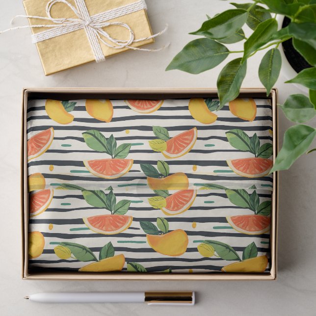 Vibrant Citrus Fruit Pattern with Green Leaves (6) Tissue Paper (Gift)