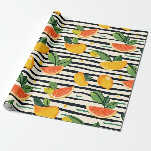 Vibrant Citrus Fruit Pattern with Green Leaves (6) Wrapping Paper (Unrolled)