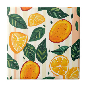 Vibrant Citrus Fruit Pattern with Green Leaves Ceramic Tile