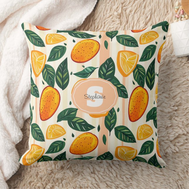 Vibrant Citrus Fruit Pattern with Green Leaves Cushion (Blanket)