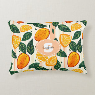 Vibrant Citrus Fruit Pattern with Green Leaves Decorative Cushion