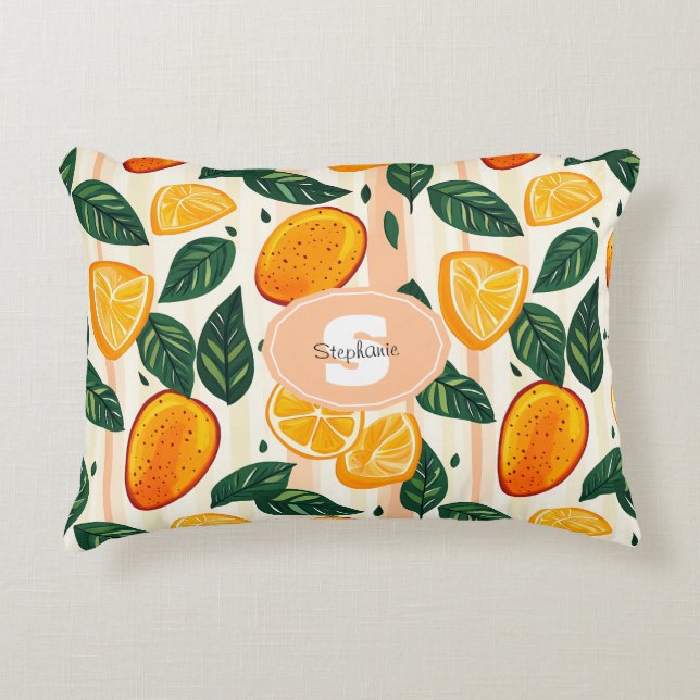 Vibrant Citrus Fruit Pattern with Green Leaves Decorative Cushion (Front)