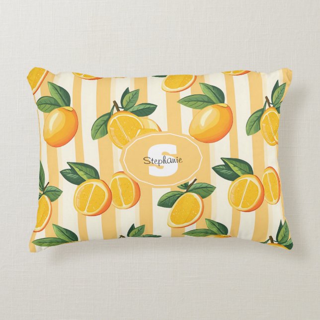 Vibrant Citrus Fruit Pattern with Green Leaves () Decorative Cushion (Front)