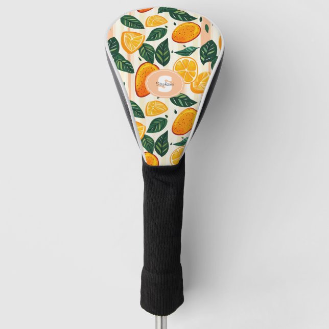 Vibrant Citrus Fruit Pattern with Green Leaves Golf Head Cover (Front)