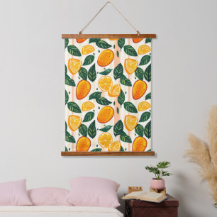 Vibrant Citrus Fruit Pattern with Green Leaves Hanging Tapestry