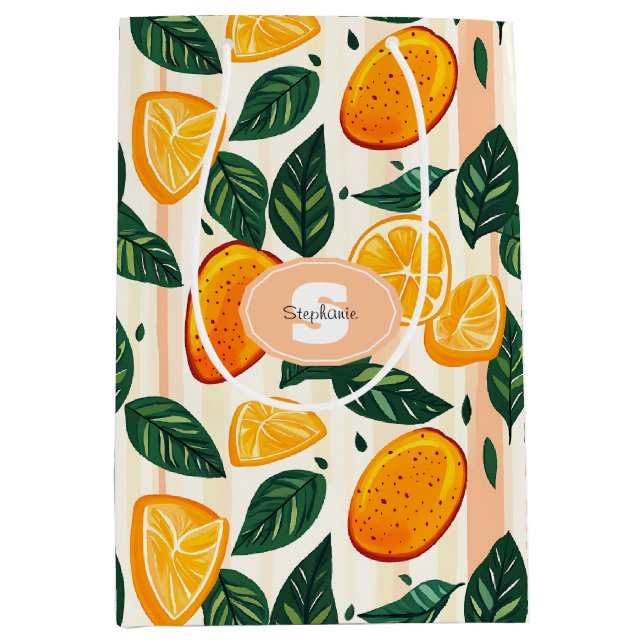 Vibrant Citrus Fruit Pattern with Green Leaves Medium Gift Bag (Front)