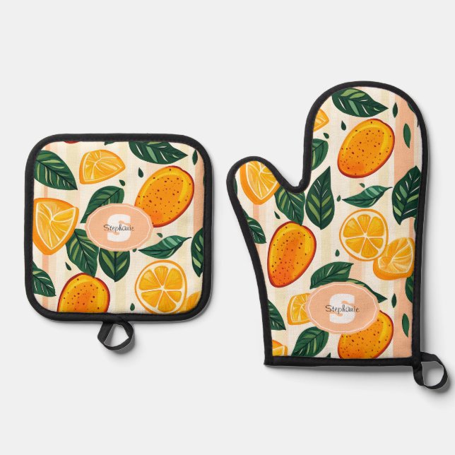 Vibrant Citrus Fruit Pattern with Green Leaves Oven Mitt & Pot Holder Set (Front)