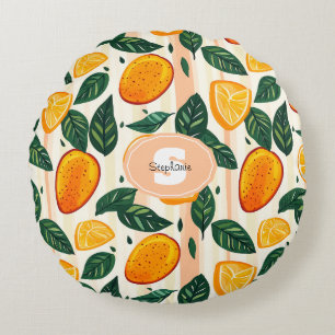 Vibrant Citrus Fruit Pattern with Green Leaves Round Cushion