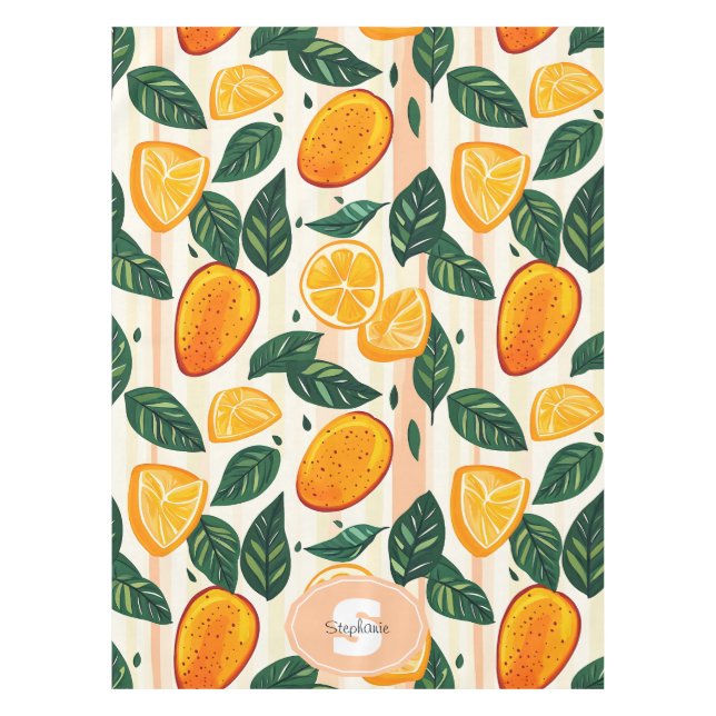 Vibrant Citrus Fruit Pattern with Green Leaves Tablecloth (Front)