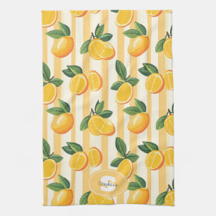 Vibrant Citrus Fruit Pattern with Green Leaves () Tea Towel