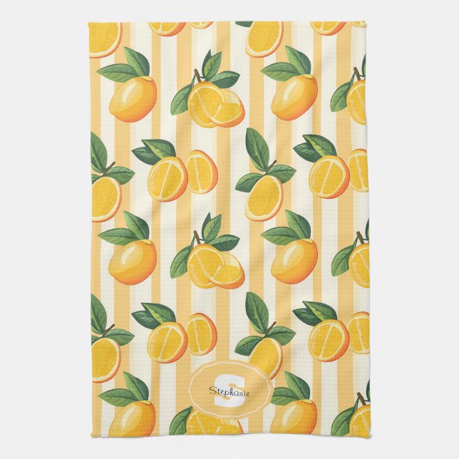Vibrant Citrus Fruit Pattern with Green Leaves () Tea Towel (Vertical)