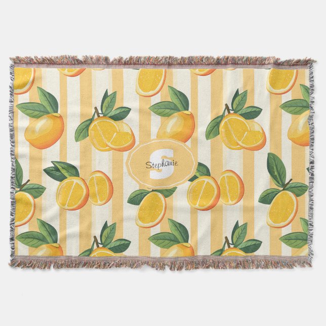 Vibrant Citrus Fruit Pattern with Green Leaves () Throw Blanket (Front)