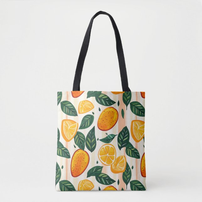Vibrant Citrus Fruit Pattern with Green Leaves Tote Bag (Front)