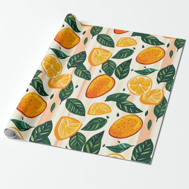 Vibrant Citrus Fruit Pattern with Green Leaves Wrapping Paper (Unrolled)