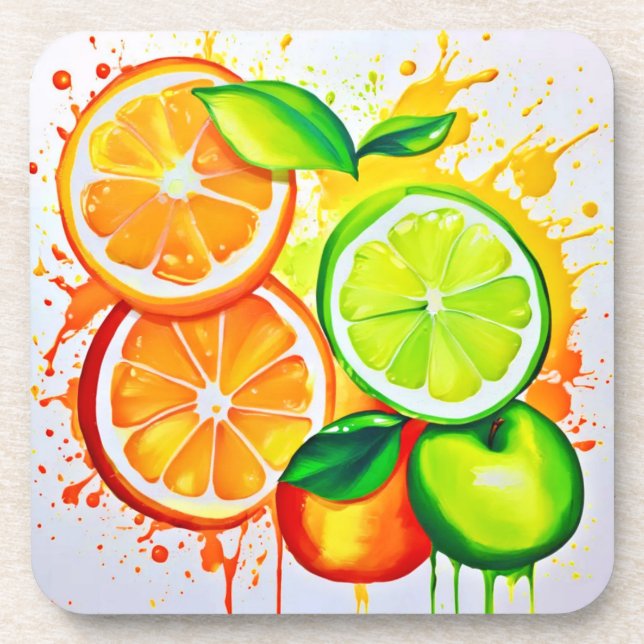 Vibrant Citrus Fruit Splash Art Coaster (Front)