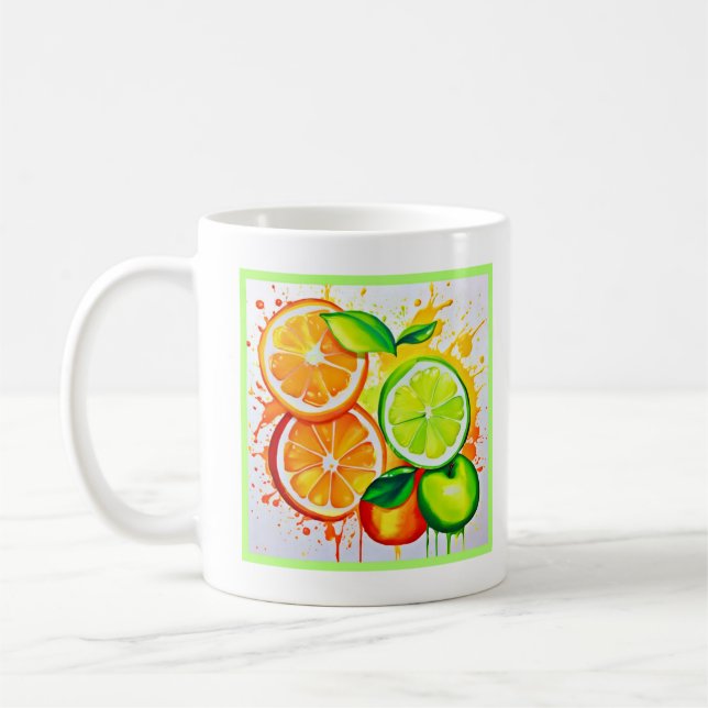 Vibrant Citrus Fruit Splash Art Coffee Mug (Left)