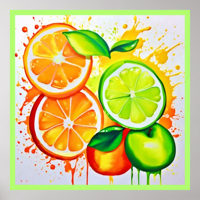 Vibrant Citrus Fruit Splash Art Poster (Front)
