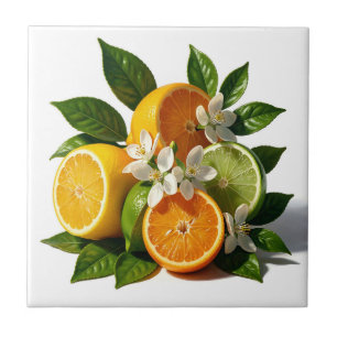 Vibrant Citrus Fruits Blossoms Realistic Ceramic Tile