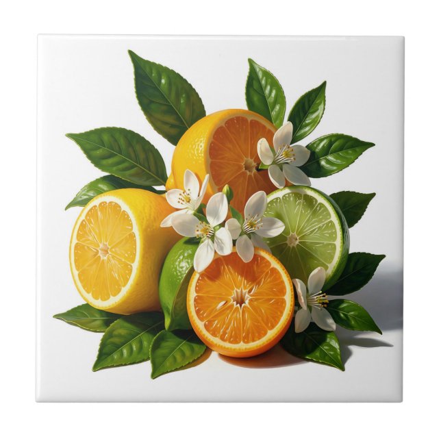 Vibrant Citrus Fruits Blossoms Realistic Ceramic Tile (Front)