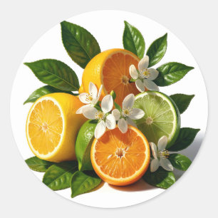Vibrant Citrus Fruits Blossoms Realistic Classic Round Sticker