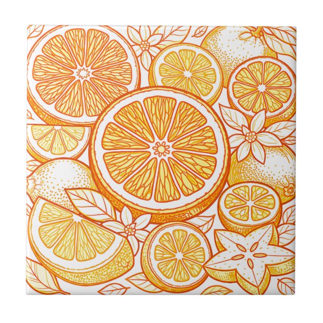Vibrant Citrus Orange Slice Pattern Ceramic Tile (Front)