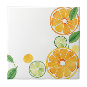 Vibrant Citrus Watercolor on Soft Beige Ceramic Tile